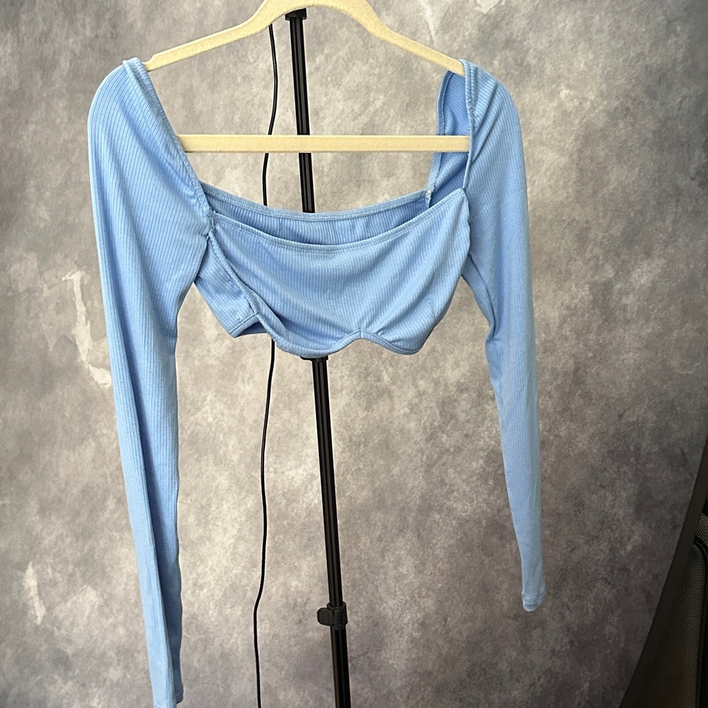 Blue Long Sleeve Ribbed Women's crop Top